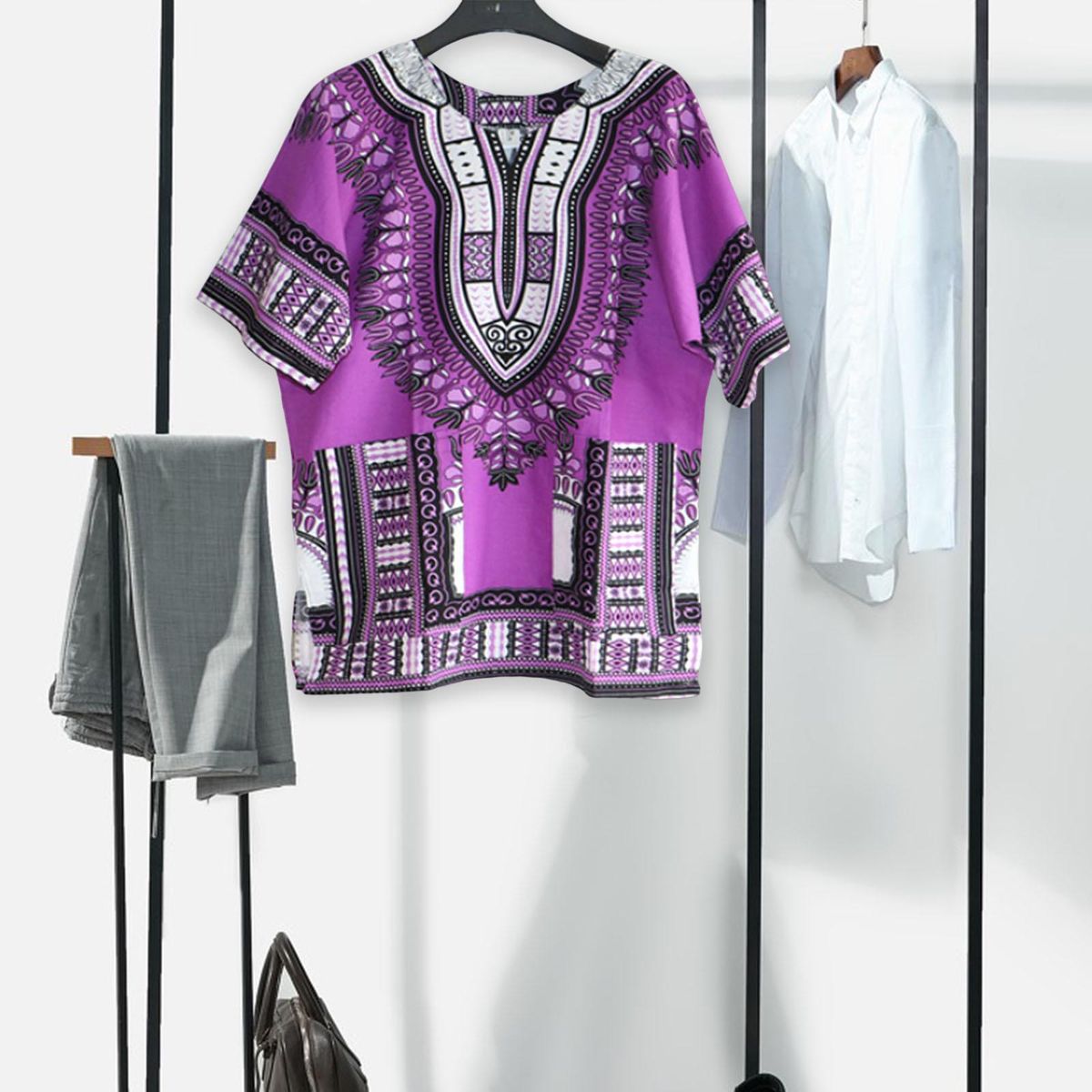 Unisex African Dashiki Shirt V Neck Short Sleeve One Size  Purple