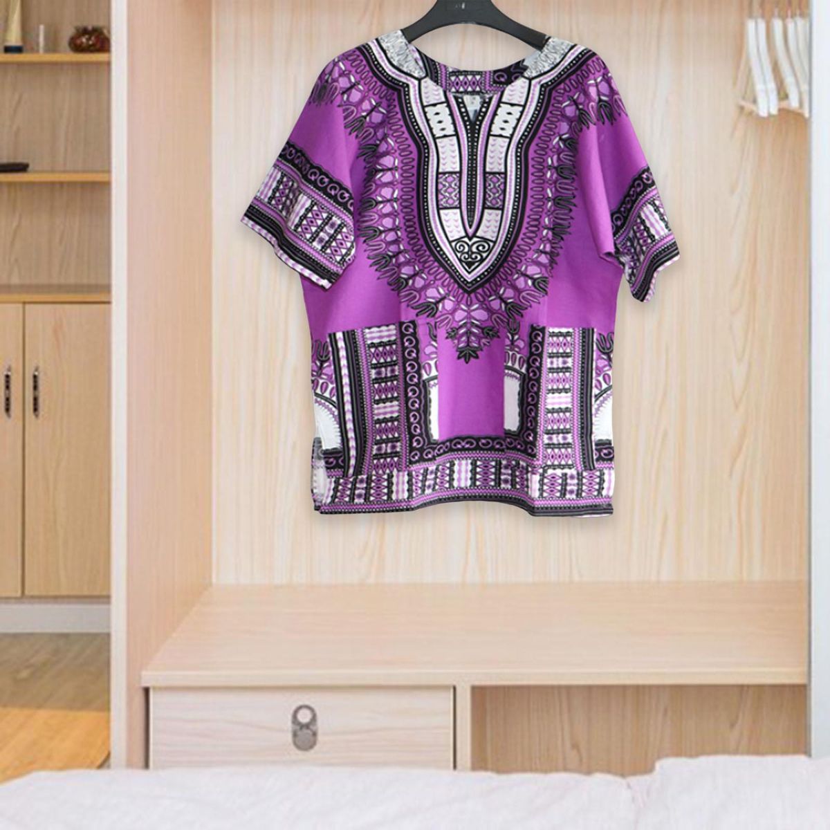 Unisex African Dashiki Shirt V Neck Short Sleeve One Size  Purple