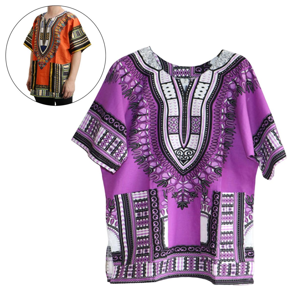Unisex African Dashiki Shirt V Neck Short Sleeve One Size  Purple