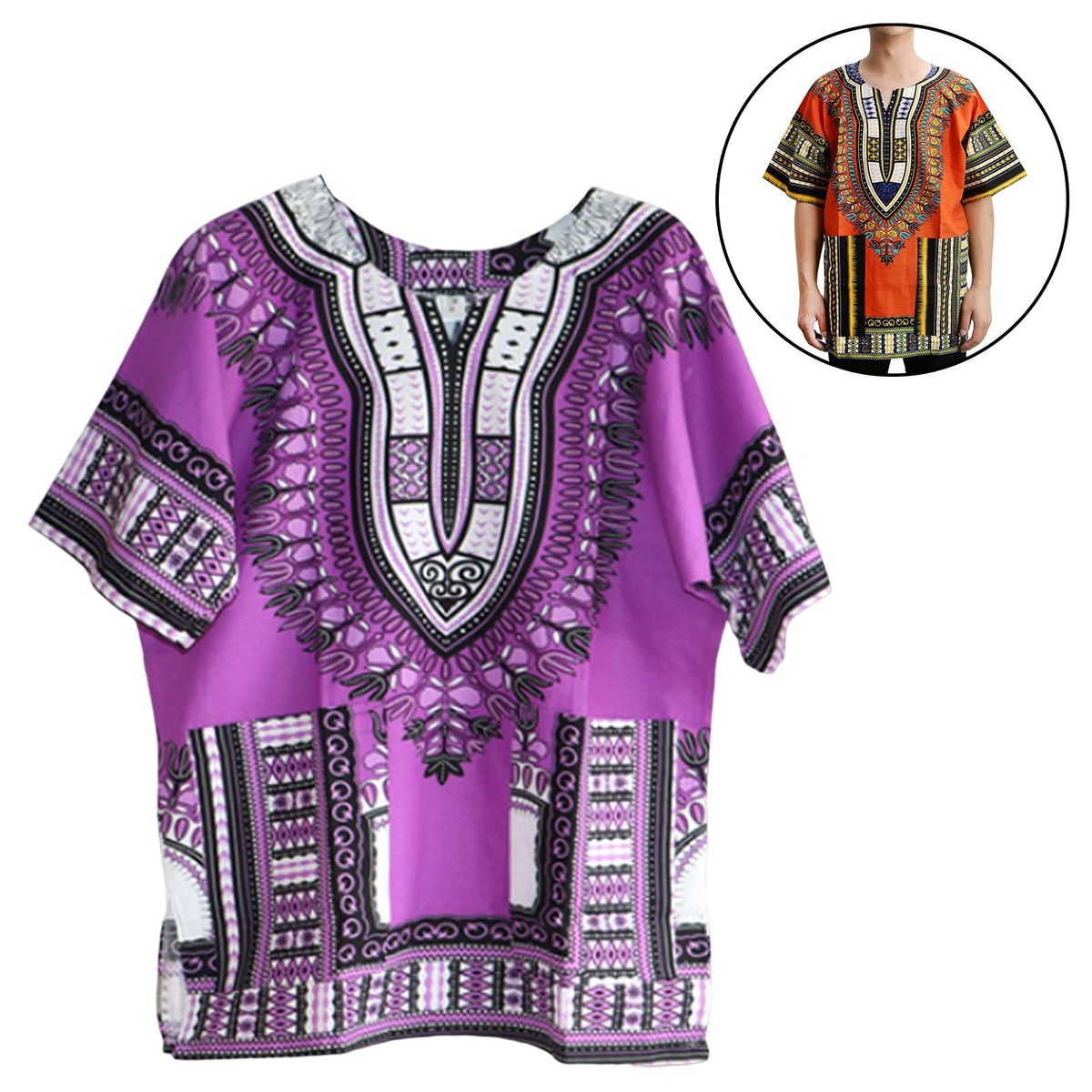 Unisex African Dashiki Shirt V Neck Short Sleeve One Size  Purple