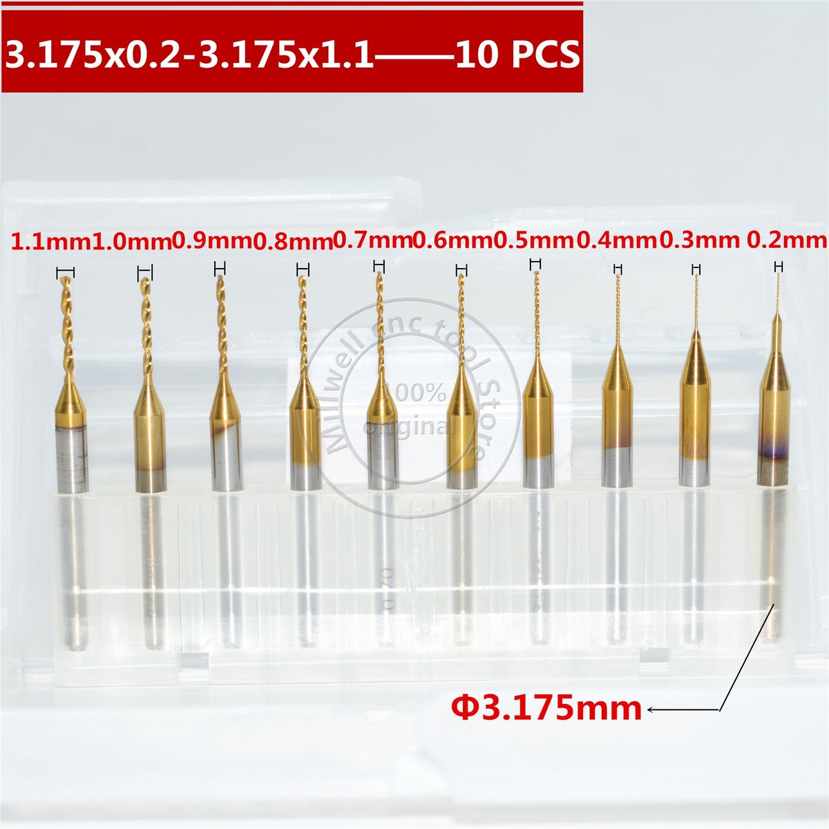 10 PCS-3.175mm,0.2mm-1.1mm,CNC Machine Tool,TiN Coated Pcb Drill,10 Models Tungsten Steel PCB,Glass, Fiber, Resin Drill