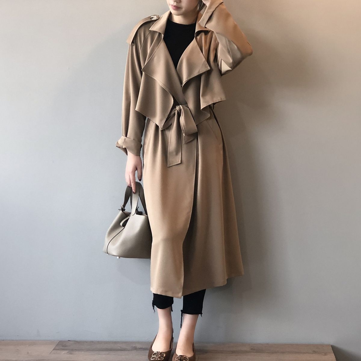 Ladies Retro Fashion Long Loose Windbreaker Jacket - Khaki