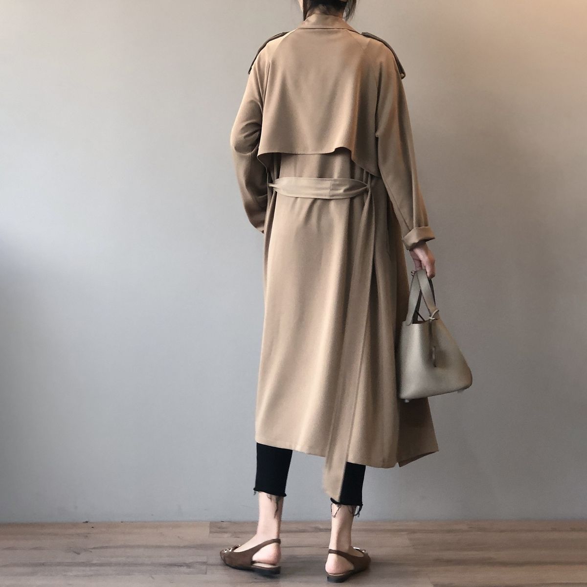 Ladies Retro Fashion Long Loose Windbreaker Jacket - Khaki