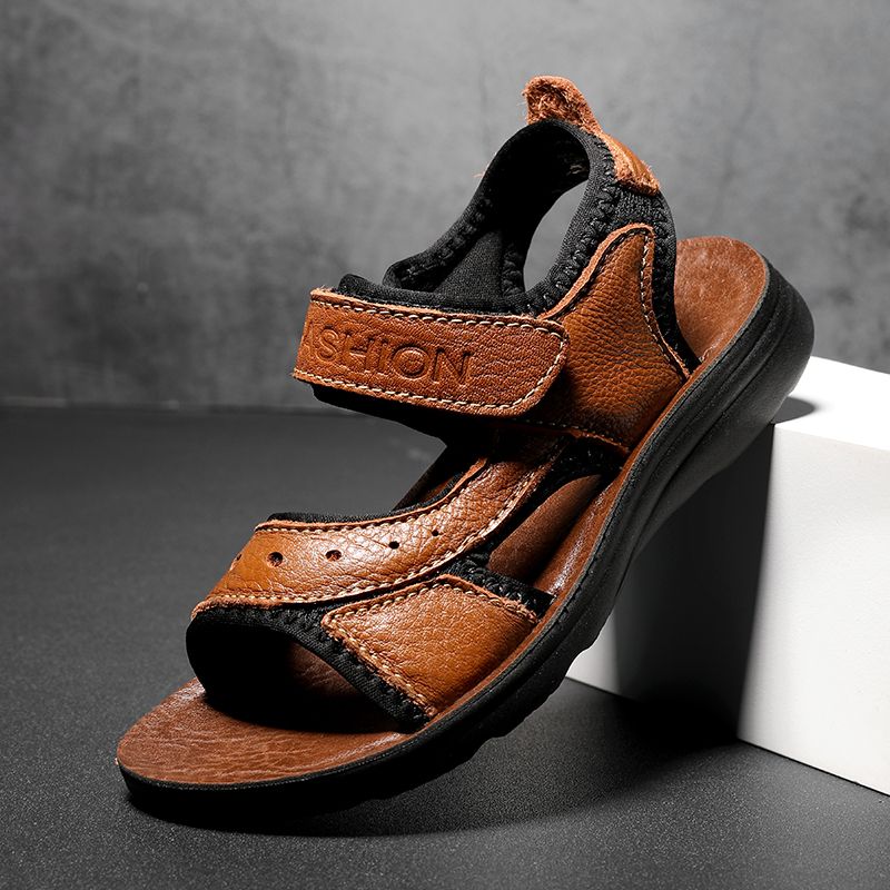 Genuine Toe Leather Beach Open Toe Children's Sandals-Brown
