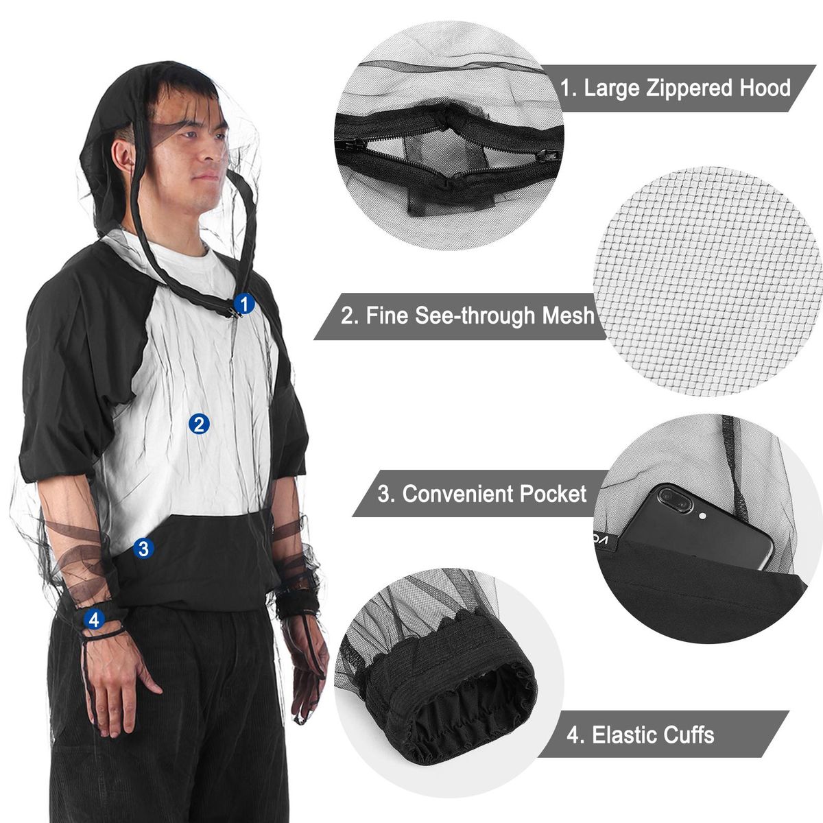 Lightweight Mesh Mosquito Jacket with Hood Outdoor Protection Bug Jacket for Hiking Camping Fishing