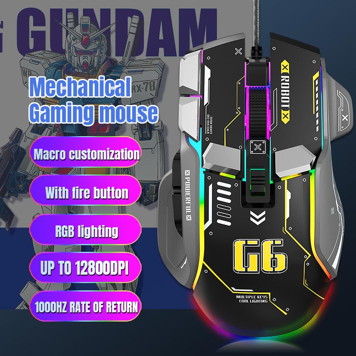 G6 RGB 12-Key Mechanical Mouse Wired Gaming Mosue Ergonomic Design 10-key Macro Programmable Setting 6-Speed Adjustable DPI 13 RGB Lighting Modes