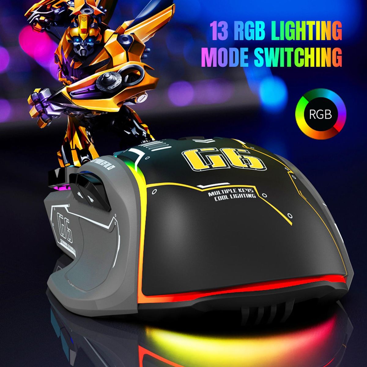 G6 RGB 12-Key Mechanical Mouse Wired Gaming Mosue Ergonomic Design 10-key Macro Programmable Setting 6-Speed Adjustable DPI 13 RGB Lighting Modes