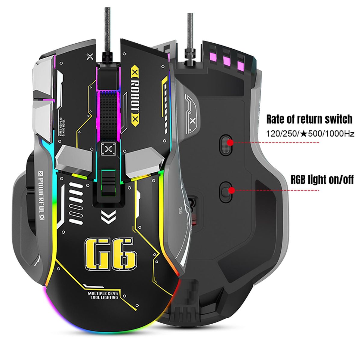 G6 RGB 12-Key Mechanical Mouse Wired Gaming Mosue Ergonomic Design 10-key Macro Programmable Setting 6-Speed Adjustable DPI 13 RGB Lighting Modes