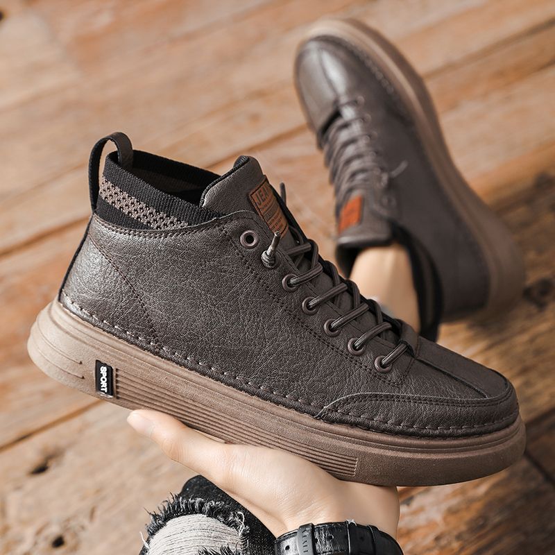 Young Man Casual High Top Leather Shoes Fashion Shoes - Brown