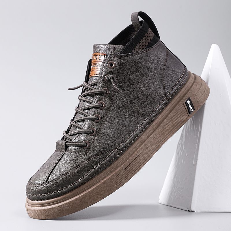 Young Man Casual High Top Leather Shoes Fashion Shoes - Brown