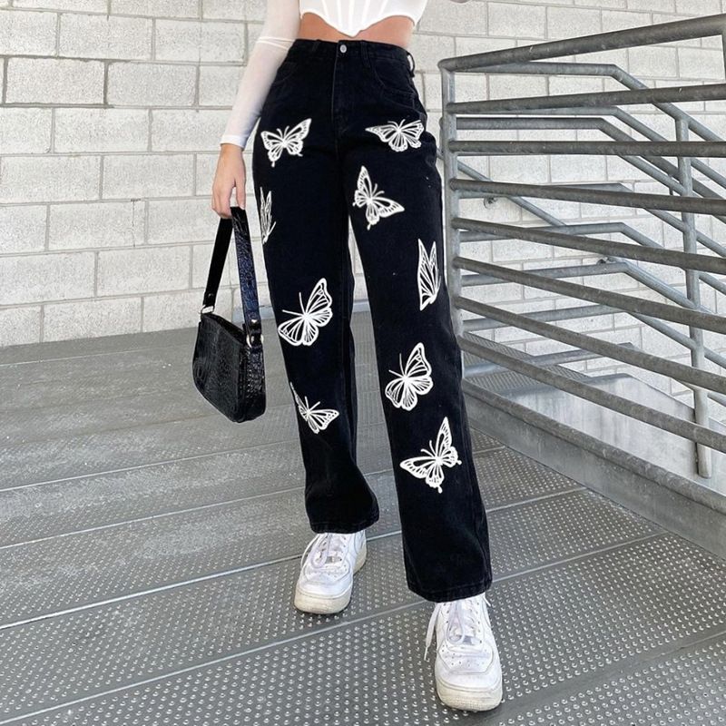 Black Baggy Jeans Women Butterfly Print Aesthetic Denim Pants High Explosive