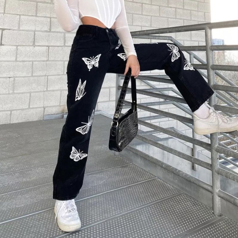 Black Baggy Jeans Women Butterfly Print Aesthetic Denim Pants High Explosive
