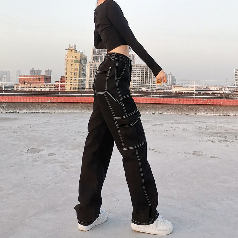 Women Straight Wide Leg Jeans Trendy Hip Hop Style High Waist Explosive