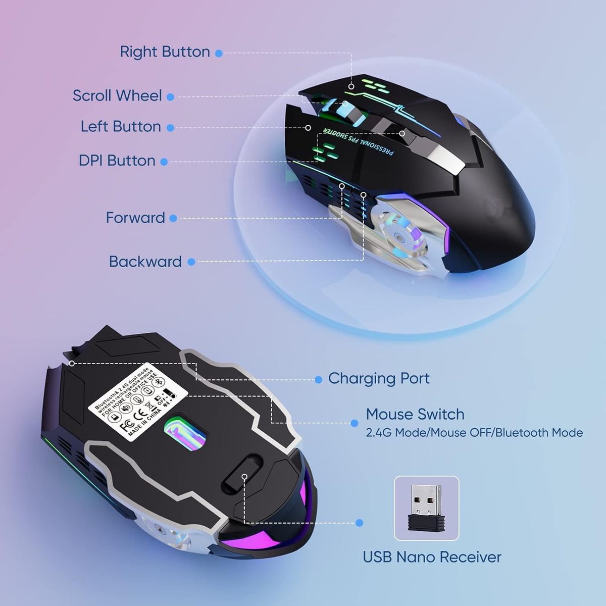 Wireless 2.4G Mouse Rechargeable 5.2 Bluetooth Silent Mouse