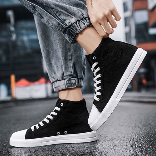 New Trendy Canvas Sneakers Men High-top Shoes EUR Size 36-46 Unisex Fashion Sneakers Comfort Outdoor Casual Skateboard Sports Shoes Students Classic All-match Breathable Canvas Walking Shoes Black White