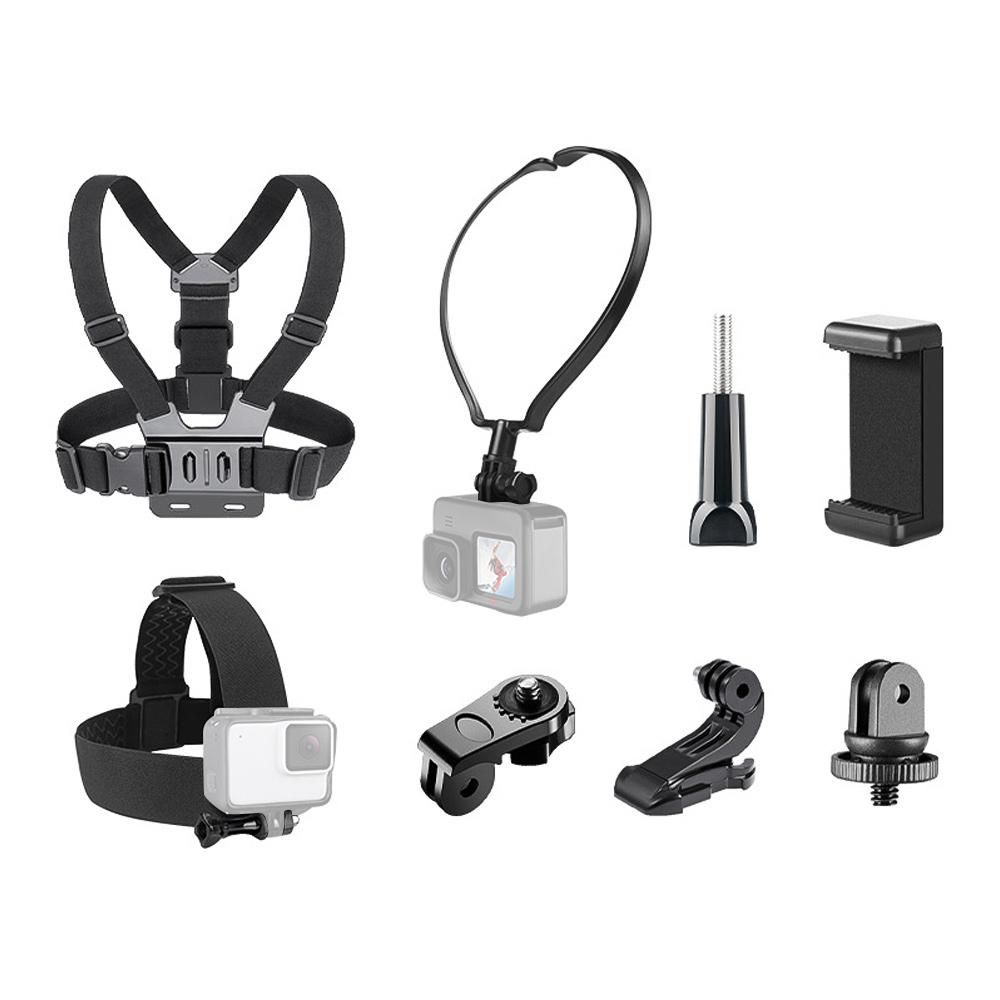 Andoer Sports Camera Accessory Set Chest Strap Mount + Head Strap + Neck Holder + Phone Holder for Cycling Hiking Boating Travel Video Recording Live Stream
