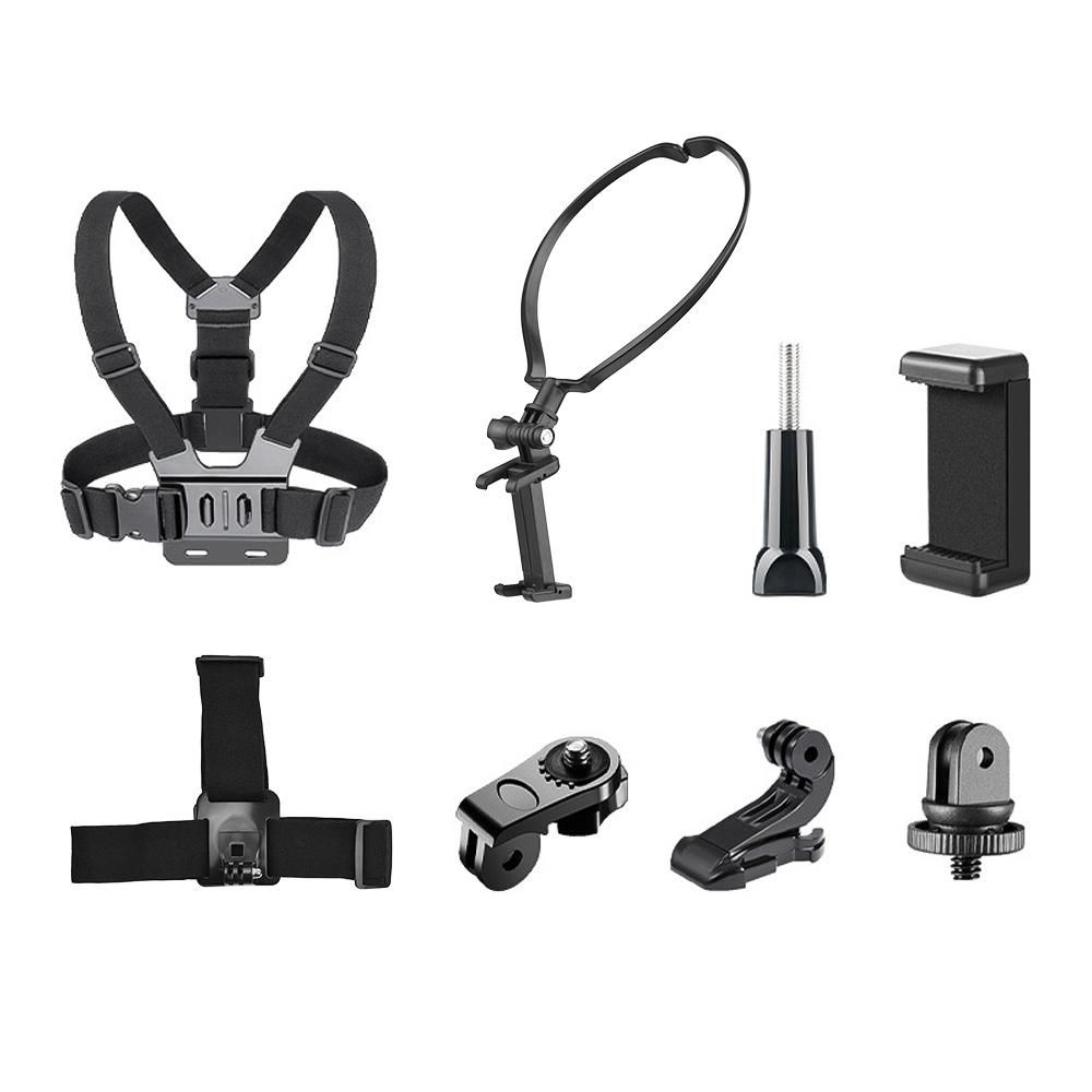 Andoer Sports Camera Accessory Set Chest Strap Mount + Head Strap + Neck Holder + Phone Holder for Cycling Hiking Boating Travel Video Recording Live Stream