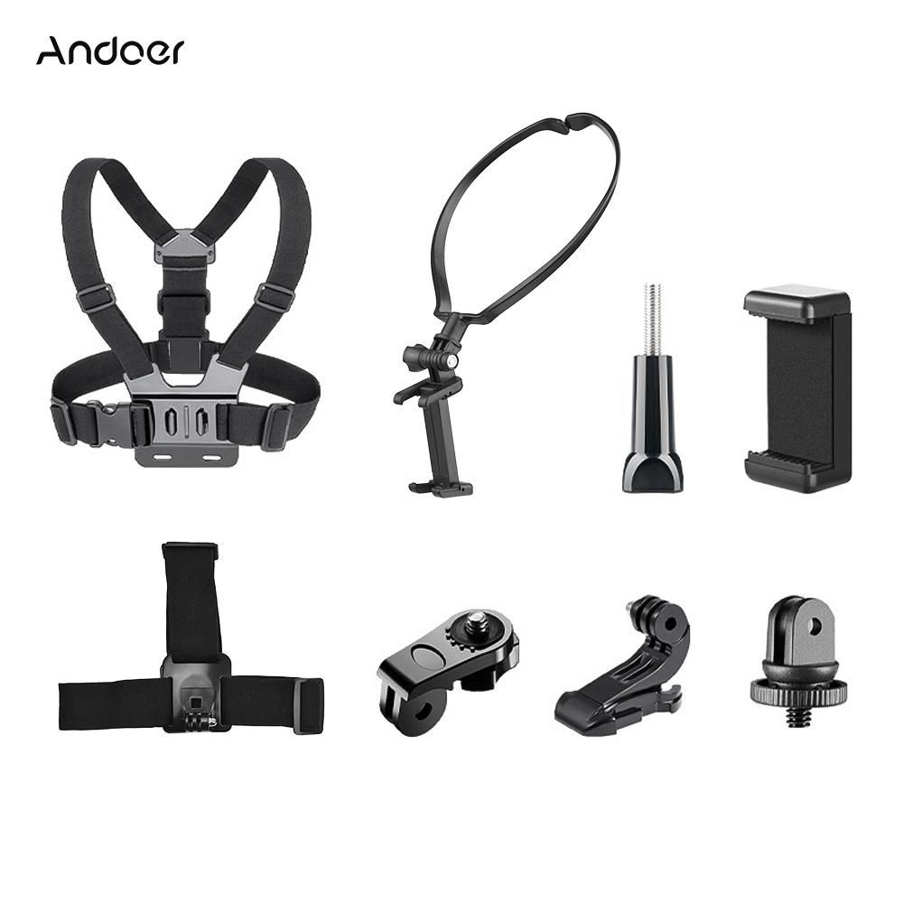 Andoer Sports Camera Accessory Set Chest Strap Mount + Head Strap + Neck Holder + Phone Holder for Cycling Hiking Boating Travel Video Recording Live Stream