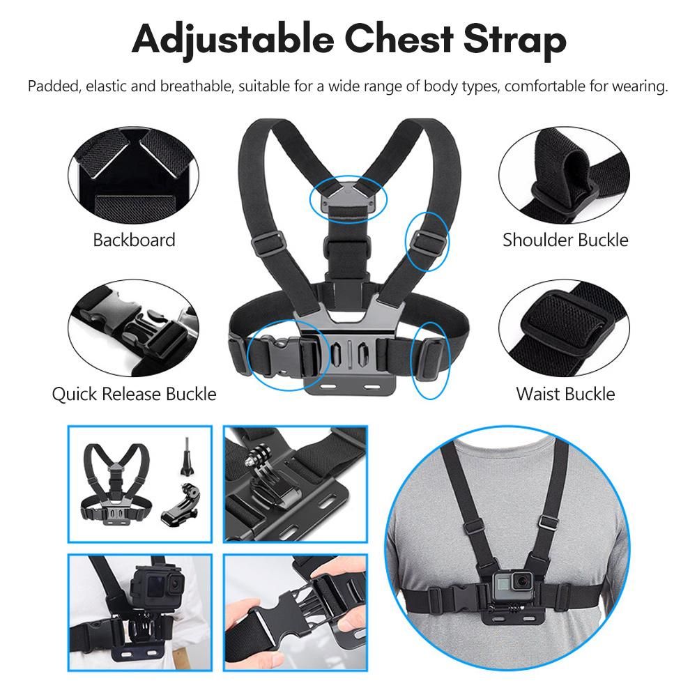 Andoer Sports Camera Accessory Set Chest Strap Mount + Head Strap + Neck Holder + Phone Holder for Cycling Hiking Boating Travel Video Recording Live Stream