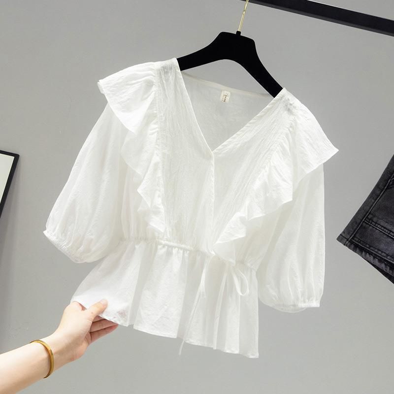 Chiffon Shirt White Short Sleeve Women's Summer 2023 New Belly-Covering Fairy Waist-Tight Top Clothes Western Style Small Shirt