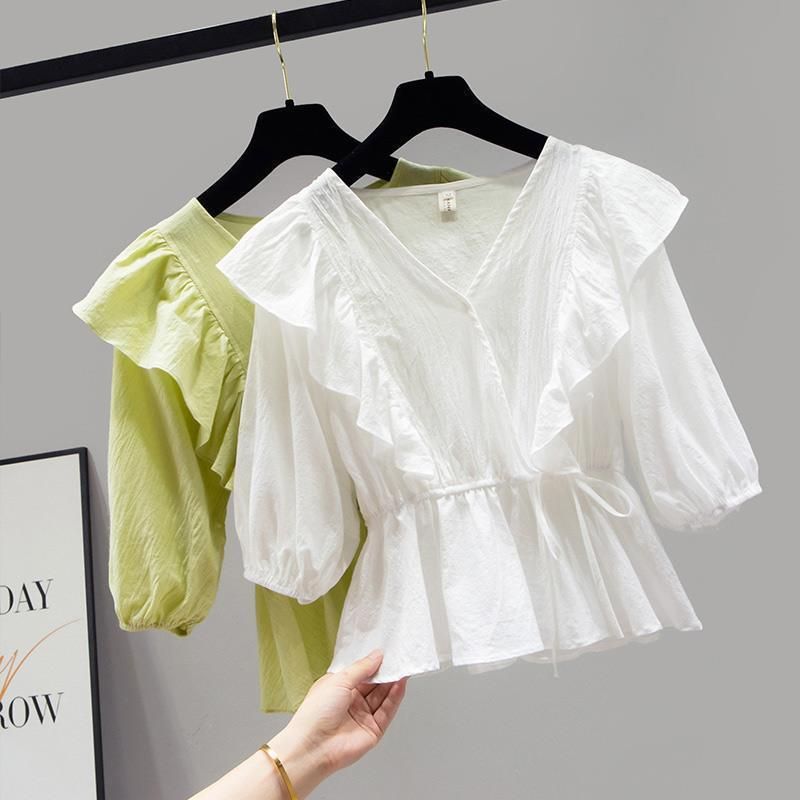Chiffon Shirt White Short Sleeve Women's Summer 2023 New Belly-Covering Fairy Waist-Tight Top Clothes Western Style Small Shirt