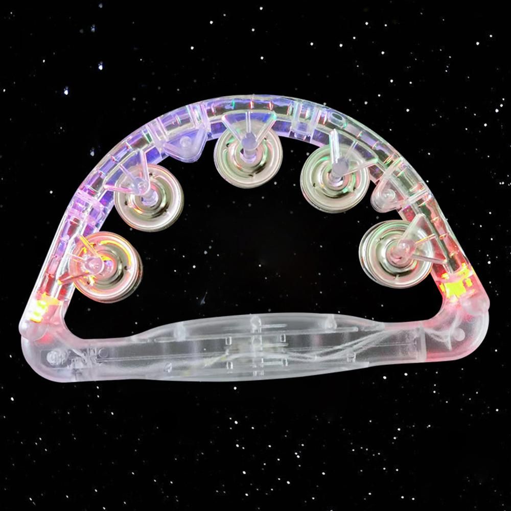 Colorful LED Hand Bells Double Row Handheld Tambourine Metal Jingles with 3 Lighting Modes Switchable Hand Held Plastic Musical Percussion Drum Half Moon Hand Bell for Adults Kids KTV Party Bar