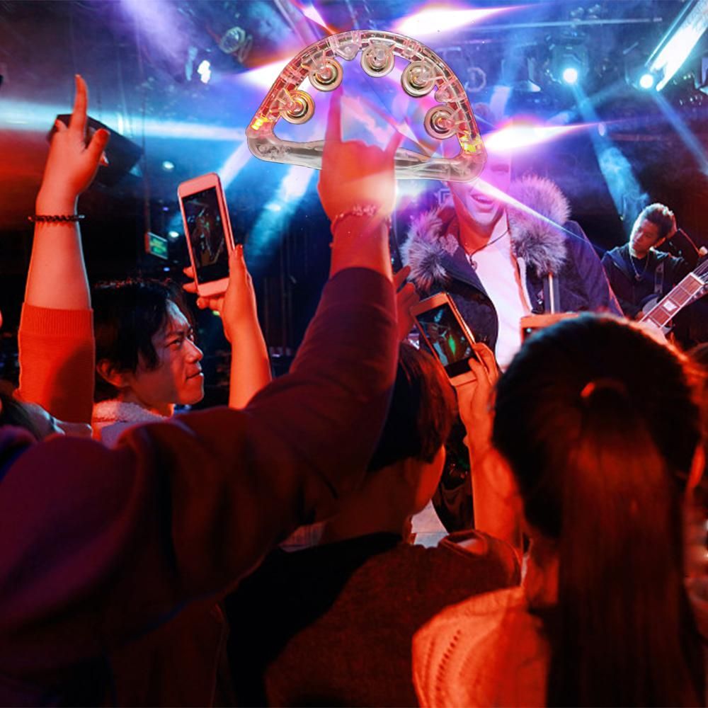 Colorful LED Hand Bells Double Row Handheld Tambourine Metal Jingles with 3 Lighting Modes Switchable Hand Held Plastic Musical Percussion Drum Half Moon Hand Bell for Adults Kids KTV Party Bar