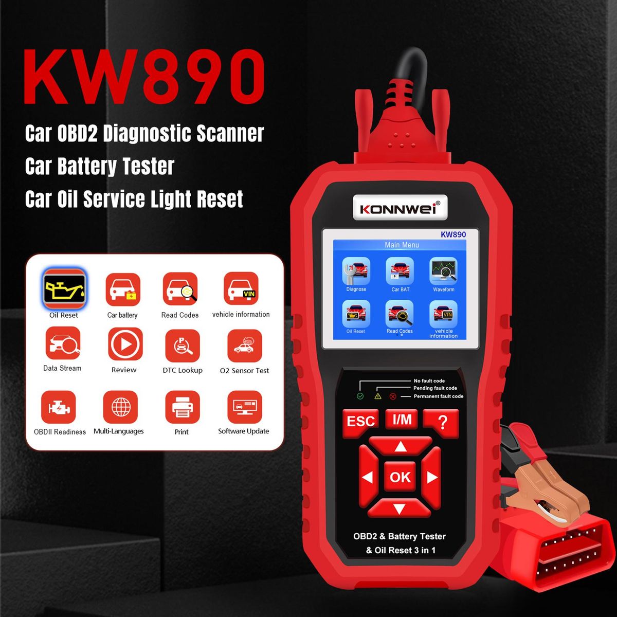 KONNWEI KW890 Professional OBDII Scanner Auto Code Reader Car Scanner+Battery Tester+Special Oil Reset Function Scan Tool for OBD II Cars After 1996(Original)