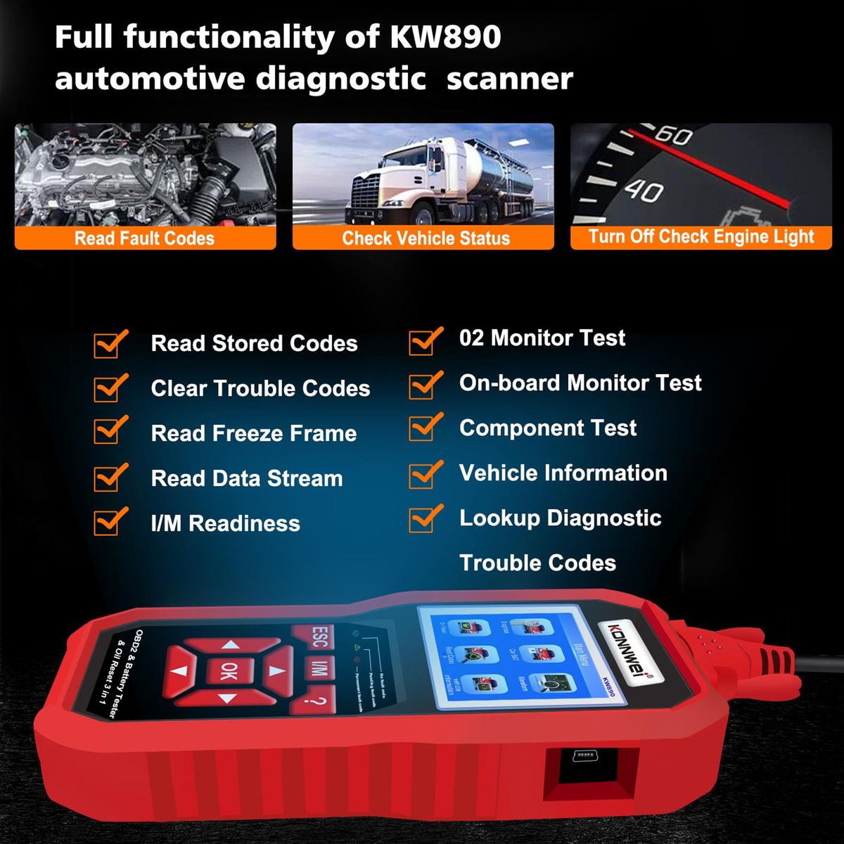 KONNWEI KW890 Professional OBDII Scanner Auto Code Reader Car Scanner+Battery Tester+Special Oil Reset Function Scan Tool for OBD II Cars After 1996(Original)
