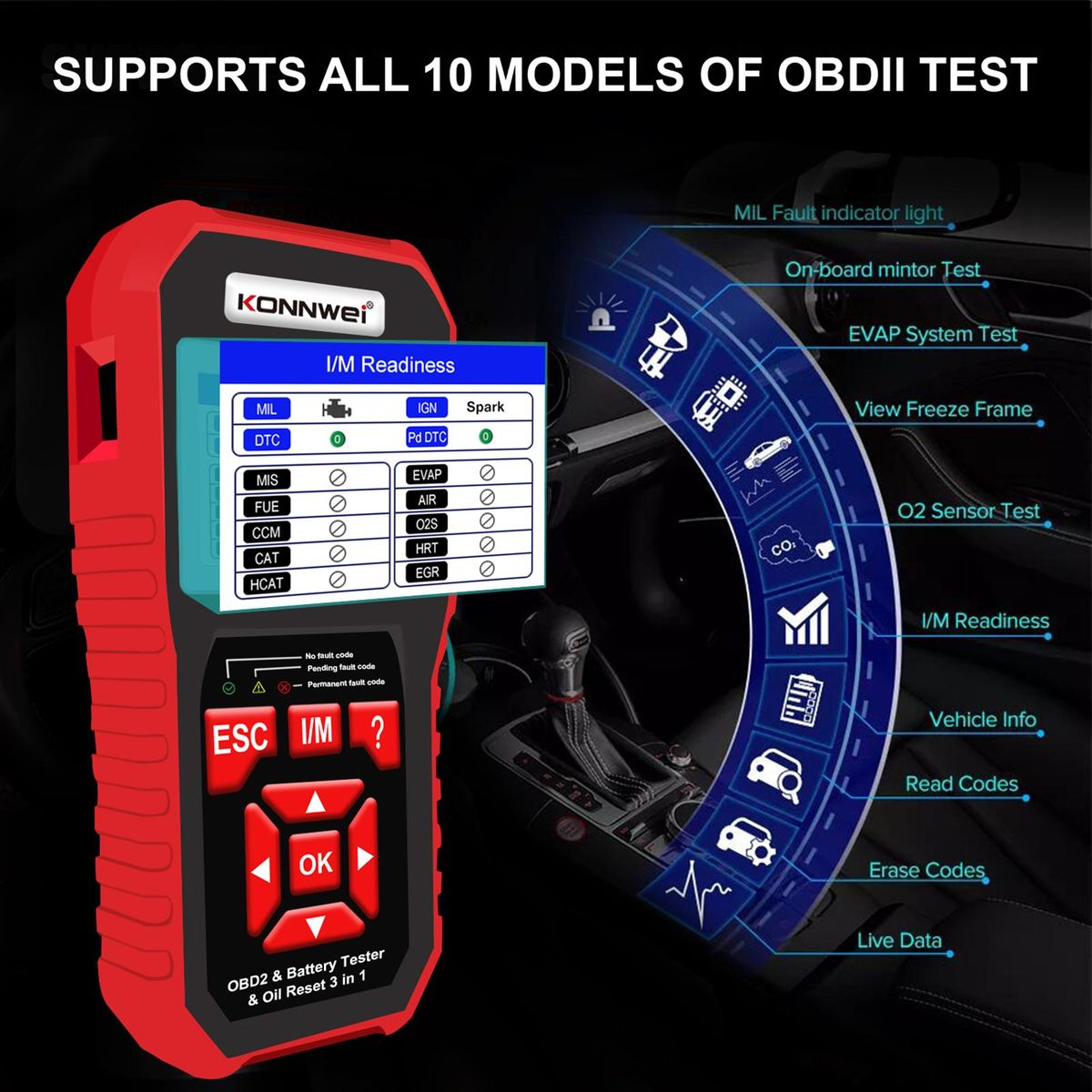 KONNWEI KW890 Professional OBDII Scanner Auto Code Reader Car Scanner+Battery Tester+Special Oil Reset Function Scan Tool for OBD II Cars After 1996(Original)