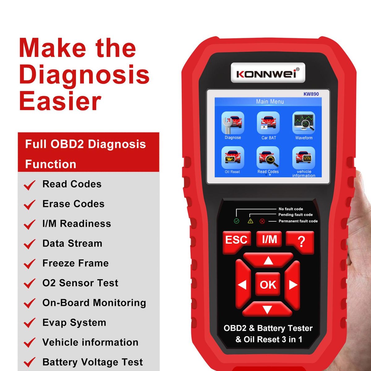 KONNWEI KW890 Professional OBDII Scanner Auto Code Reader Car Scanner+Battery Tester+Special Oil Reset Function Scan Tool for OBD II Cars After 1996(Original)