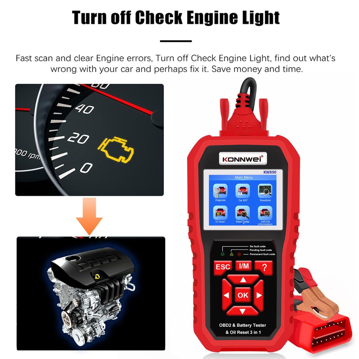 KONNWEI KW890 Professional OBDII Scanner Auto Code Reader Car Scanner+Battery Tester+Special Oil Reset Function Scan Tool for OBD II Cars After 1996(Original)