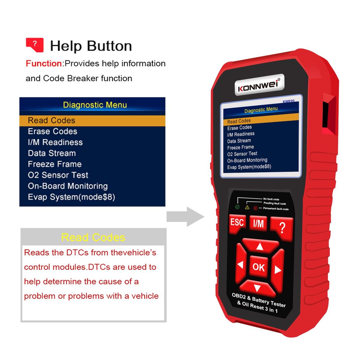 KONNWEI KW890 Professional OBDII Scanner Auto Code Reader Car Scanner+Battery Tester+Special Oil Reset Function Scan Tool for OBD II Cars After 1996(Original)