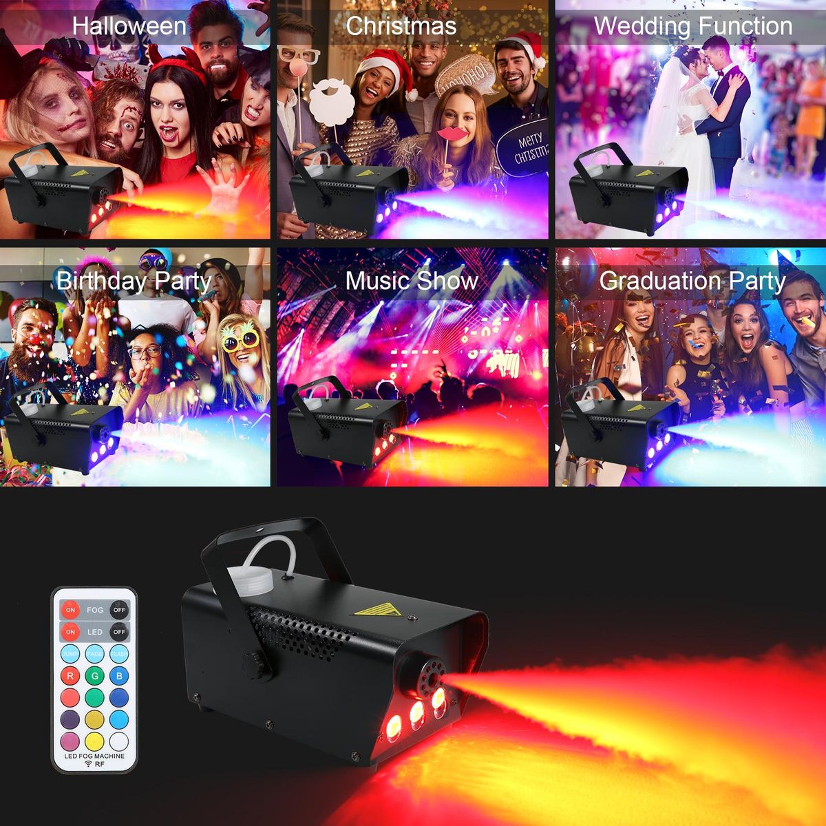 AC110V 500W 3 LEDs Illuminated Fogging Machine Fogger Smoke Machine 250ML Tank with 19 Keys Controller Jump/ Fade/ Flash 3 Different Lighting Effects/ 12 Static Colors Changing for Party Gathering Holiday Festival Halloween C