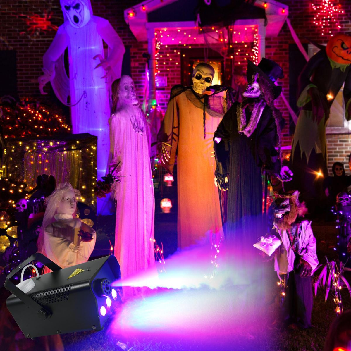 AC110V 500W 3 LEDs Illuminated Fogging Machine Fogger Smoke Machine 250ML Tank with 19 Keys Controller Jump/ Fade/ Flash 3 Different Lighting Effects/ 12 Static Colors Changing for Party Gathering Holiday Festival Halloween C