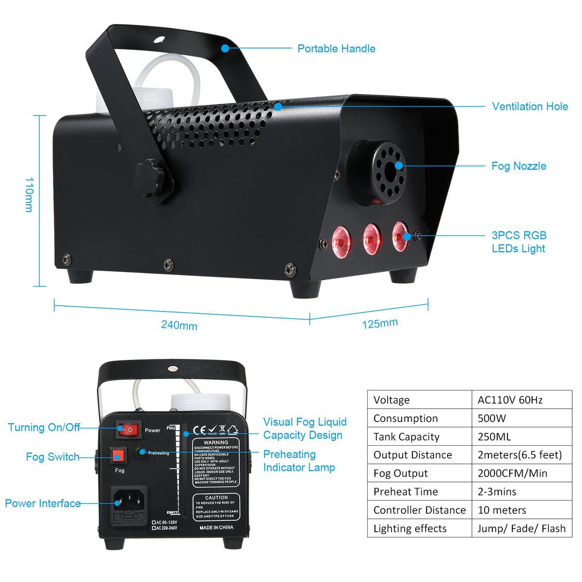 AC110V 500W 3 LEDs Illuminated Fogging Machine Fogger Smoke Machine 250ML Tank with 19 Keys Controller Jump/ Fade/ Flash 3 Different Lighting Effects/ 12 Static Colors Changing for Party Gathering Holiday Festival Halloween C