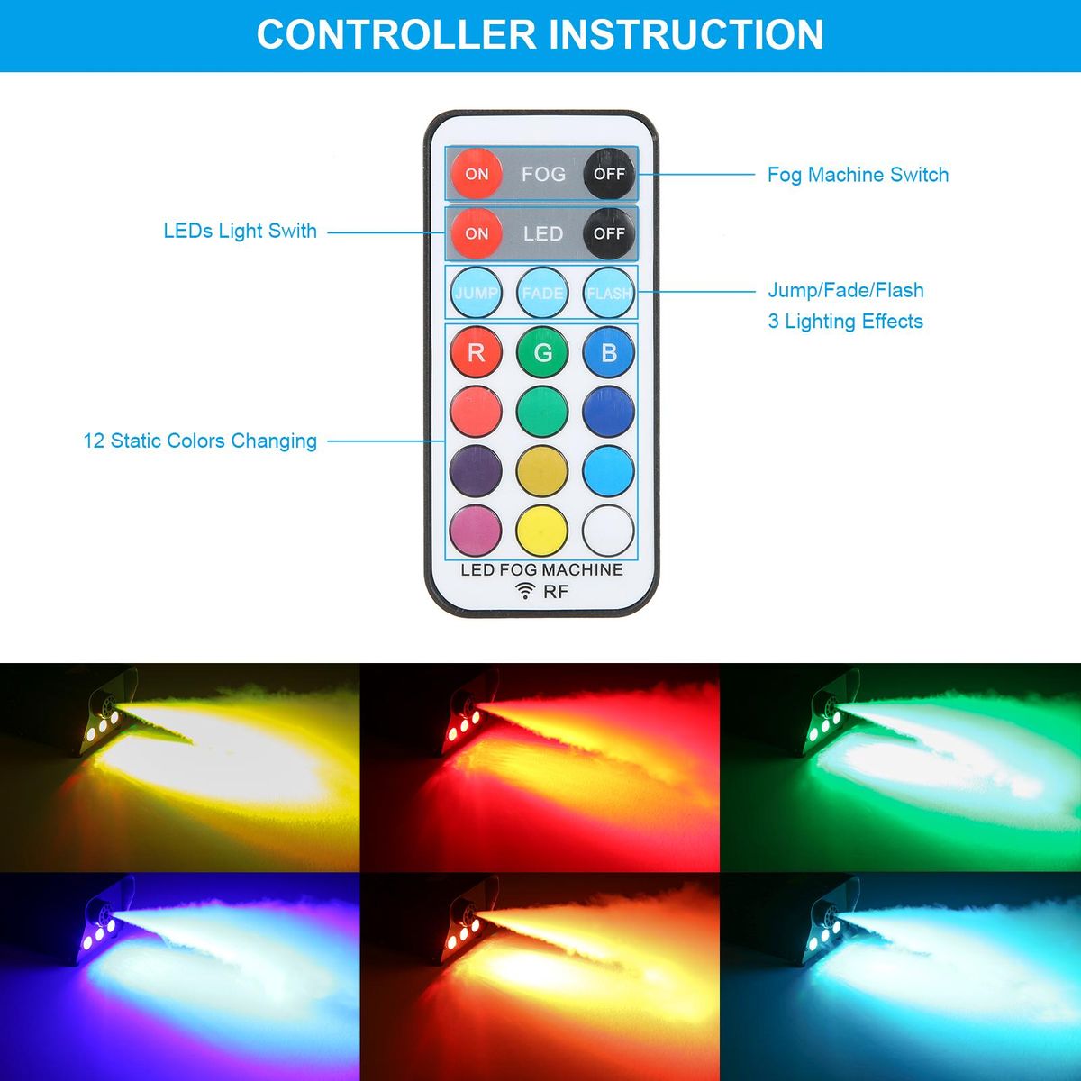 AC110V 500W 3 LEDs Illuminated Fogging Machine Fogger Smoke Machine 250ML Tank with 19 Keys Controller Jump/ Fade/ Flash 3 Different Lighting Effects/ 12 Static Colors Changing for Party Gathering Holiday Festival Halloween C
