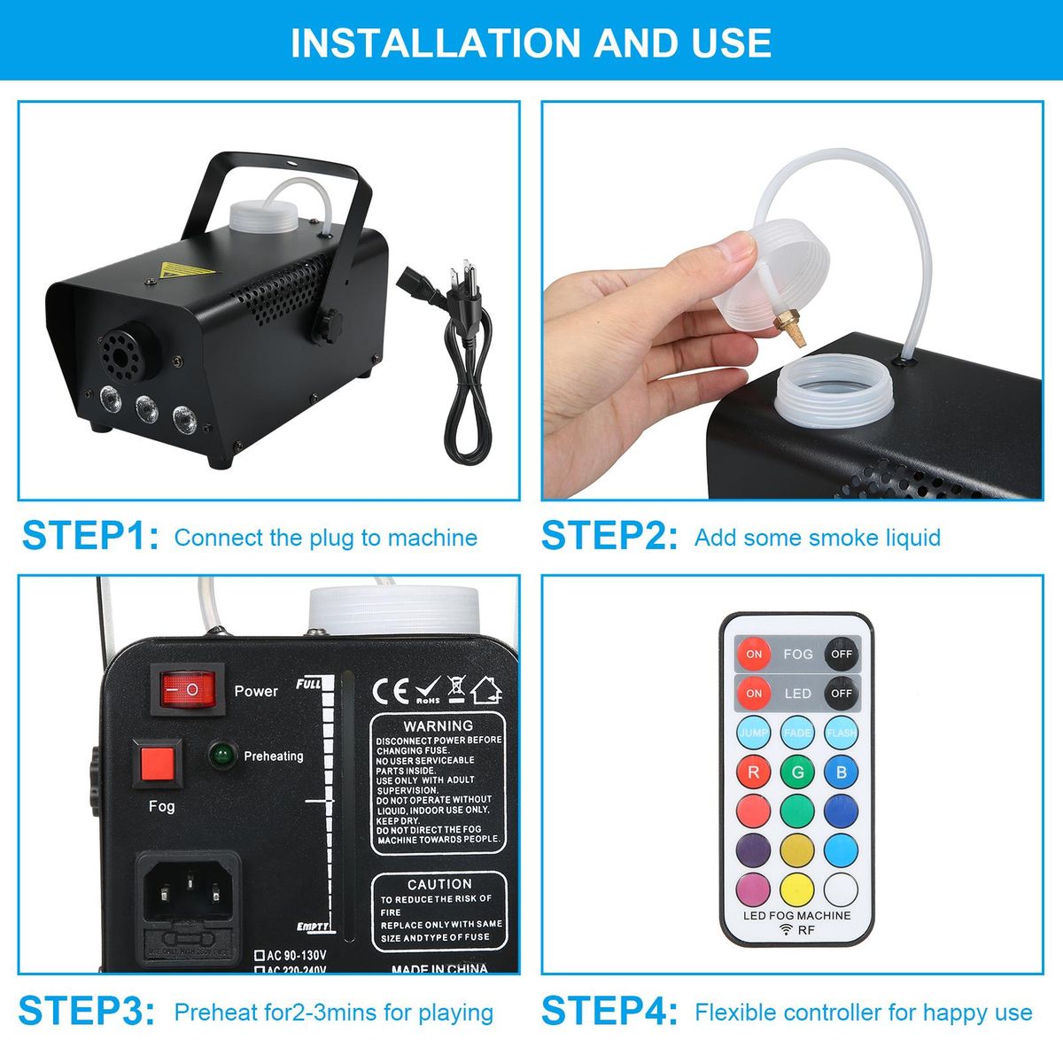 AC110V 500W 3 LEDs Illuminated Fogging Machine Fogger Smoke Machine 250ML Tank with 19 Keys Controller Jump/ Fade/ Flash 3 Different Lighting Effects/ 12 Static Colors Changing for Party Gathering Holiday Festival Halloween C