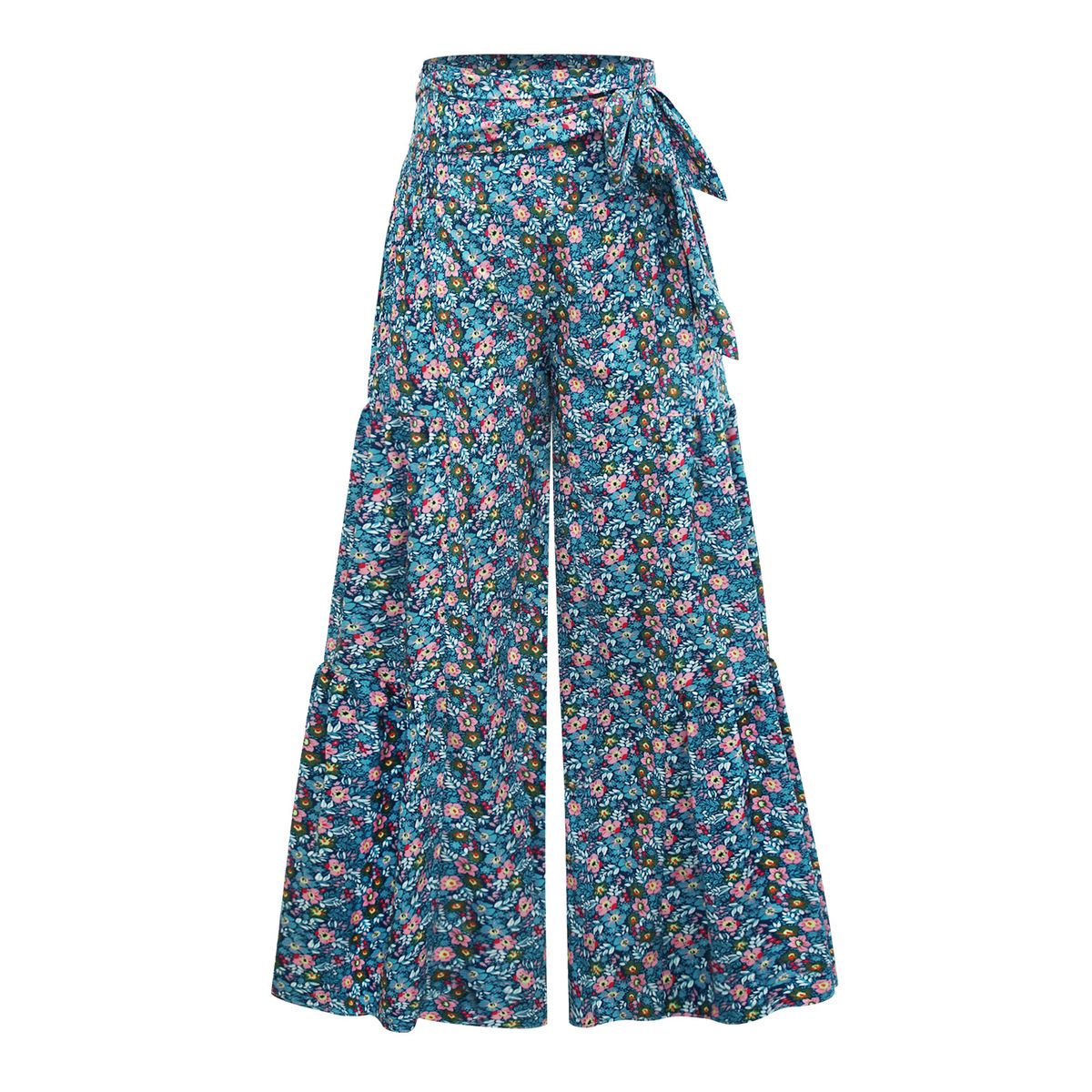 Ladies Beach Wide Leg Pants Tie Pants Digital Printing Loose Casual Pants -Blue