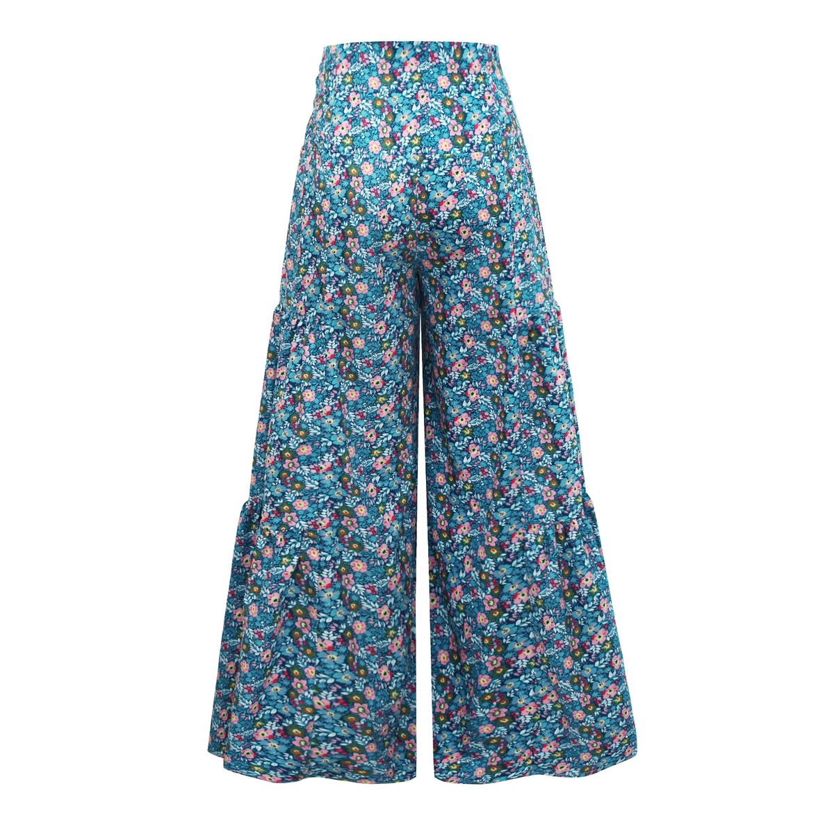 Ladies Beach Wide Leg Pants Tie Pants Digital Printing Loose Casual Pants -Blue