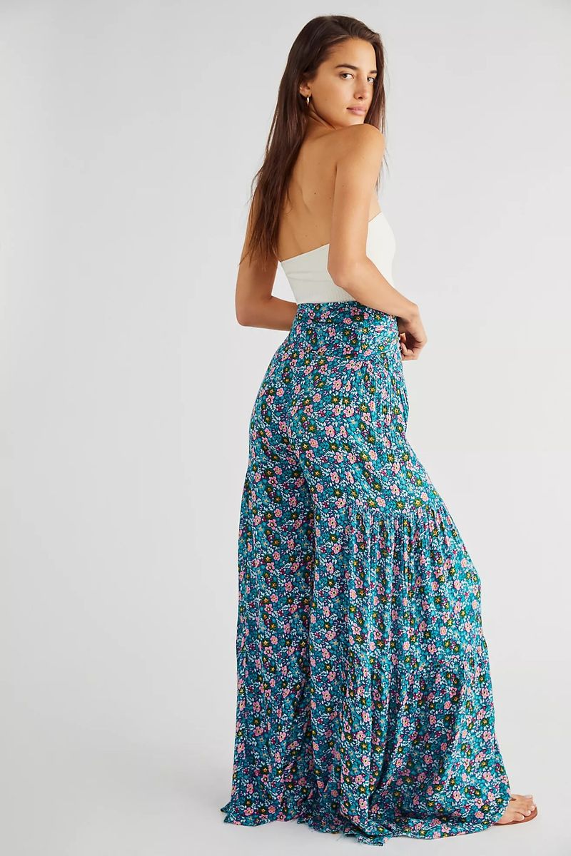 Ladies Beach Wide Leg Pants Tie Pants Digital Printing Loose Casual Pants -Blue