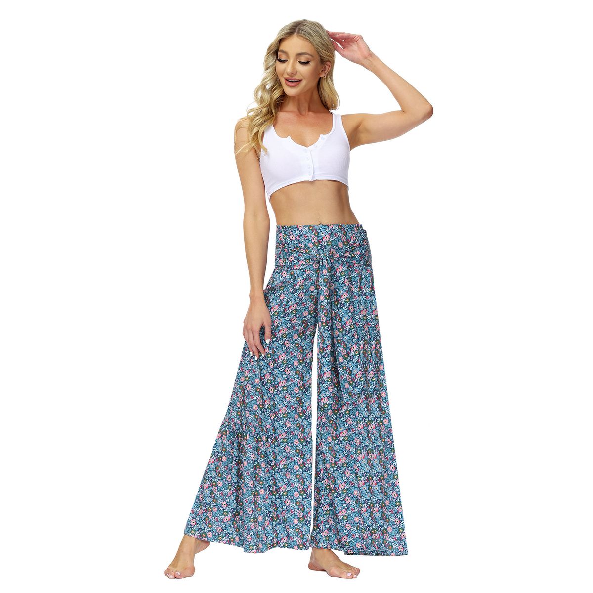 Ladies Beach Wide Leg Pants Tie Pants Digital Printing Loose Casual Pants -Blue