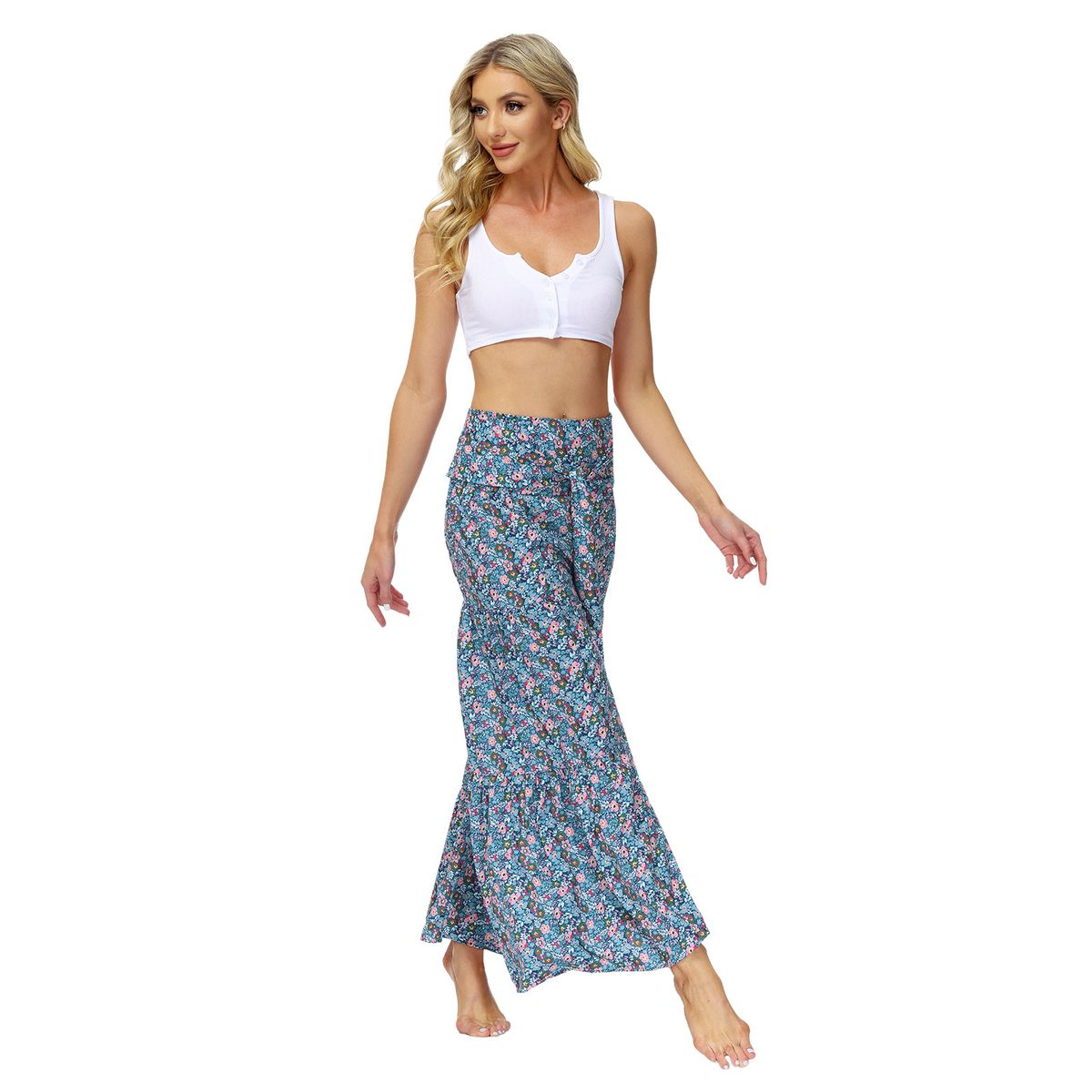 Ladies Beach Wide Leg Pants Tie Pants Digital Printing Loose Casual Pants -Blue