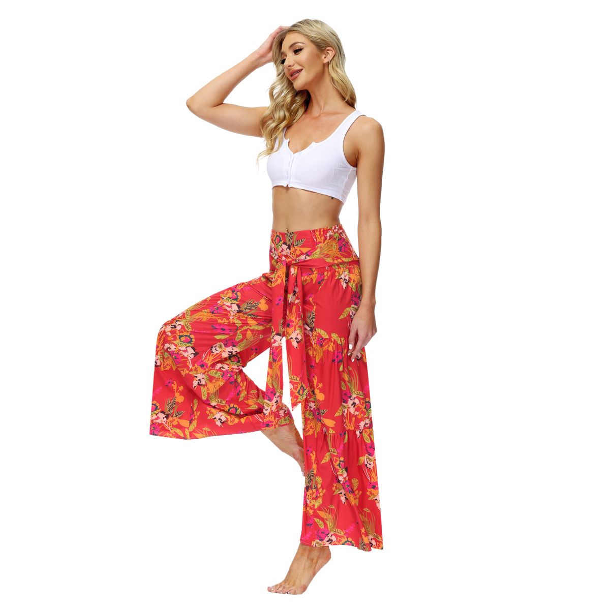 Ladies Beach Wide Leg Pants Tie Pants Digital Printing Loose Casual Pants - Red