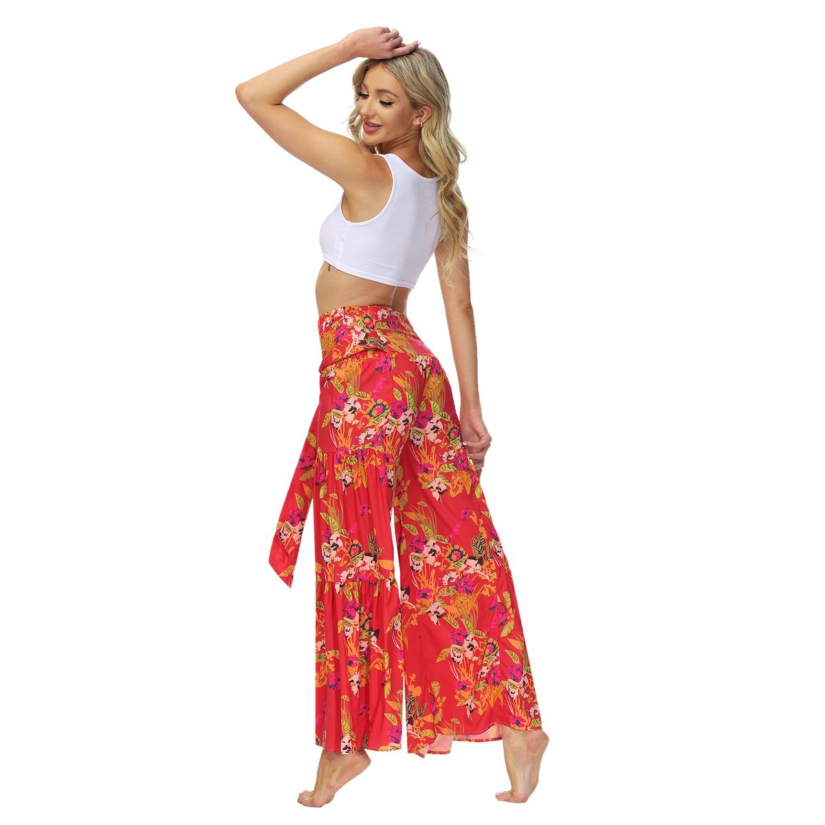Ladies Beach Wide Leg Pants Tie Pants Digital Printing Loose Casual Pants - Red