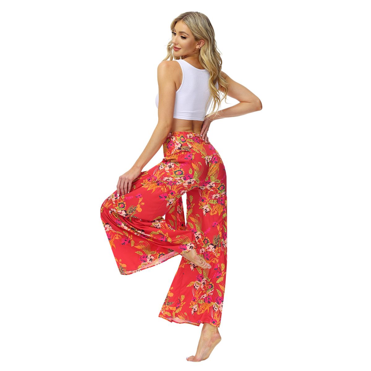 Ladies Beach Wide Leg Pants Tie Pants Digital Printing Loose Casual Pants - Red