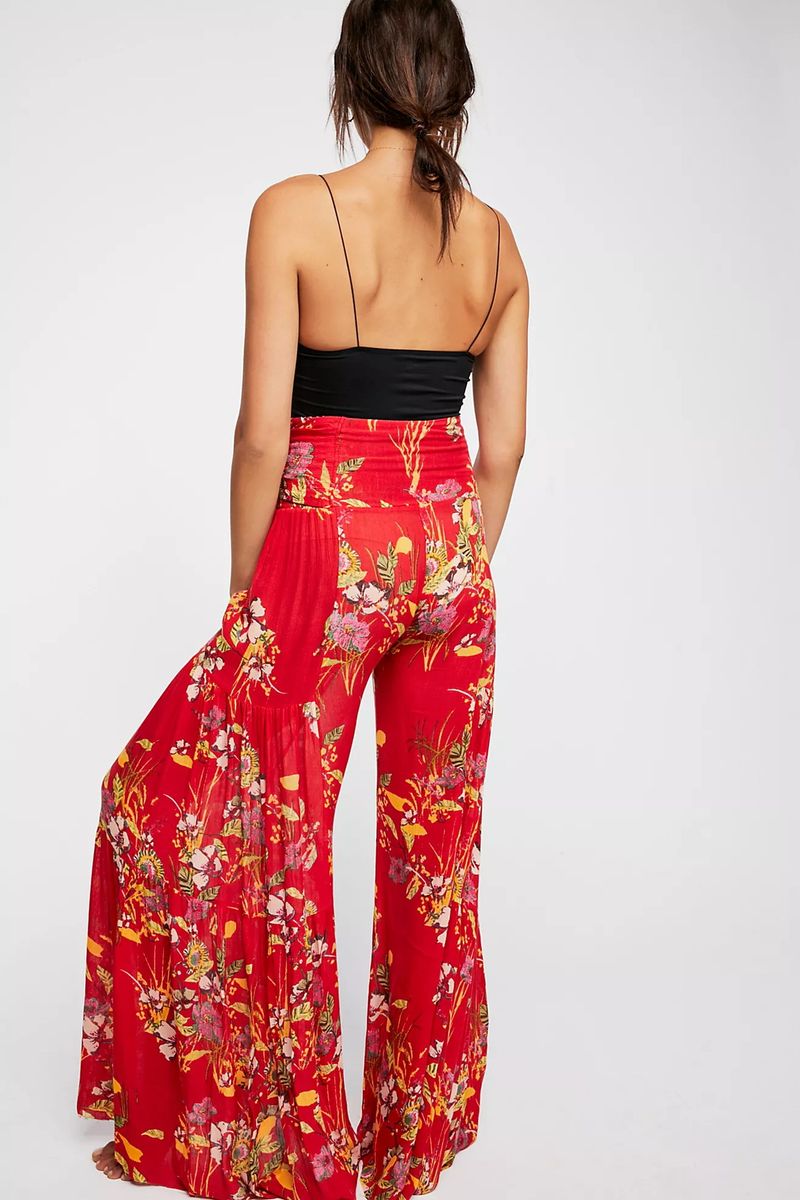 Ladies Beach Wide Leg Pants Tie Pants Digital Printing Loose Casual Pants - Red