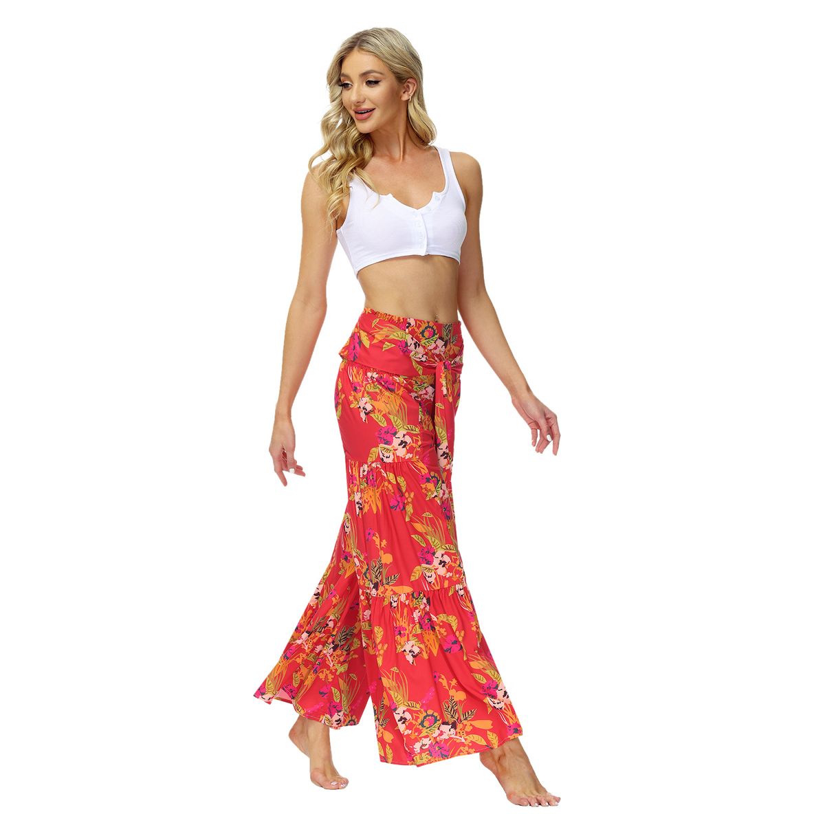 Ladies Beach Wide Leg Pants Tie Pants Digital Printing Loose Casual Pants - Red