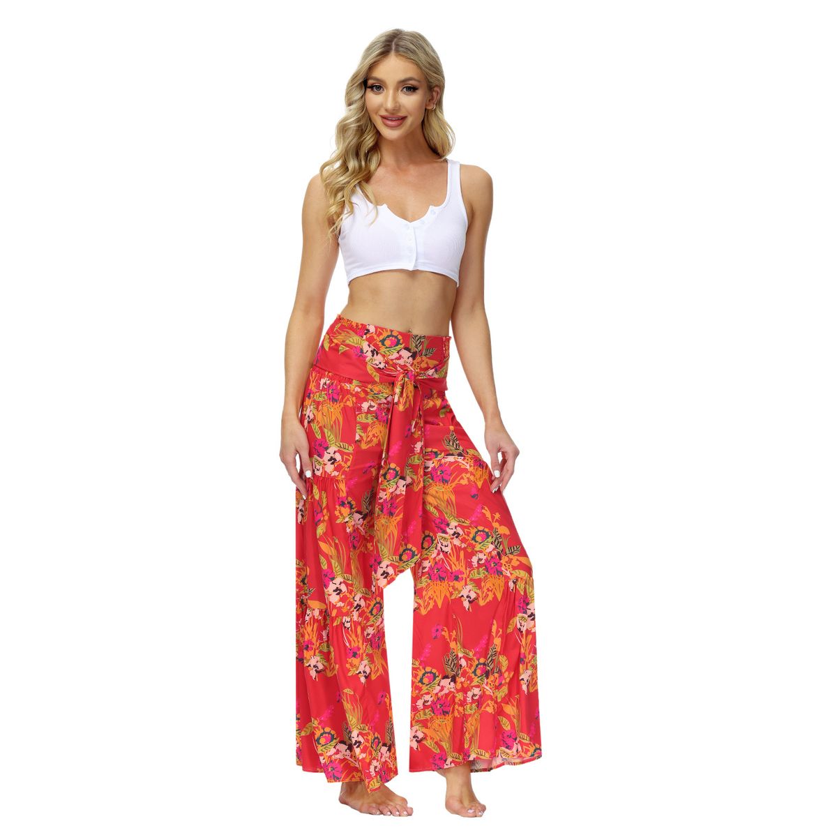 Ladies Beach Wide Leg Pants Tie Pants Digital Printing Loose Casual Pants - Red