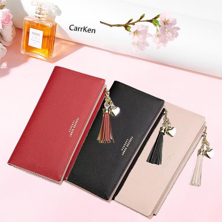 CarrKen long wallet female tassel cross pattern multi-card card bag zipper coin purse cross-border foreign trade wholesale black